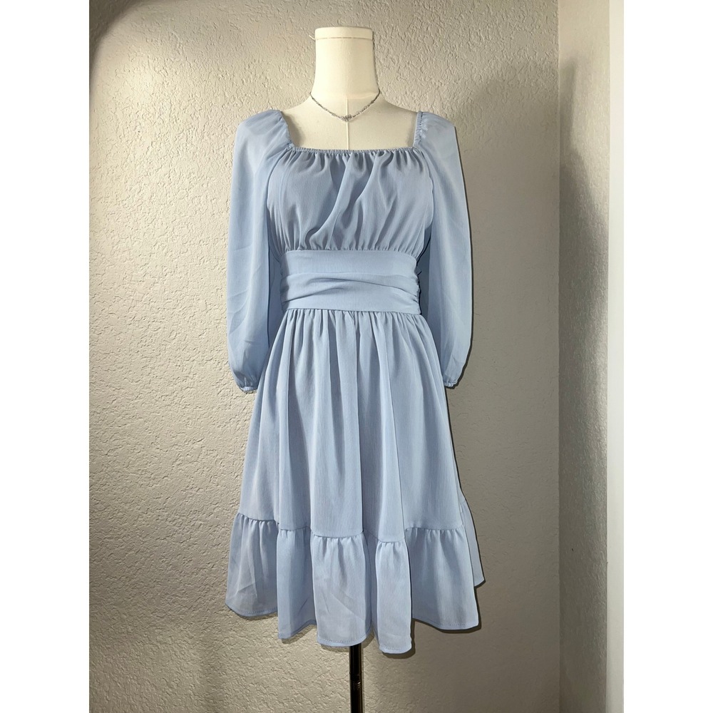 Blue Milkmaid Dress  Back Tie  Puff Sleeve Smocked Waist Cottagecore Romantic